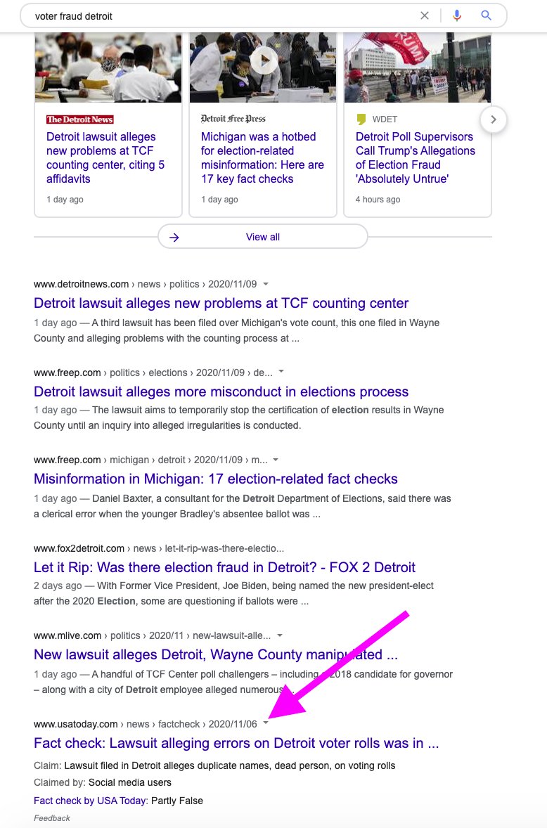 Let's start with keywords. Ask students what they'd choose--a good start might be "voter fraud" + Detroit. Here's what the results page (the "SERP") looks like when I did it. Scrolling through the results, I alight on a major news source, USA Today & click. 5/10