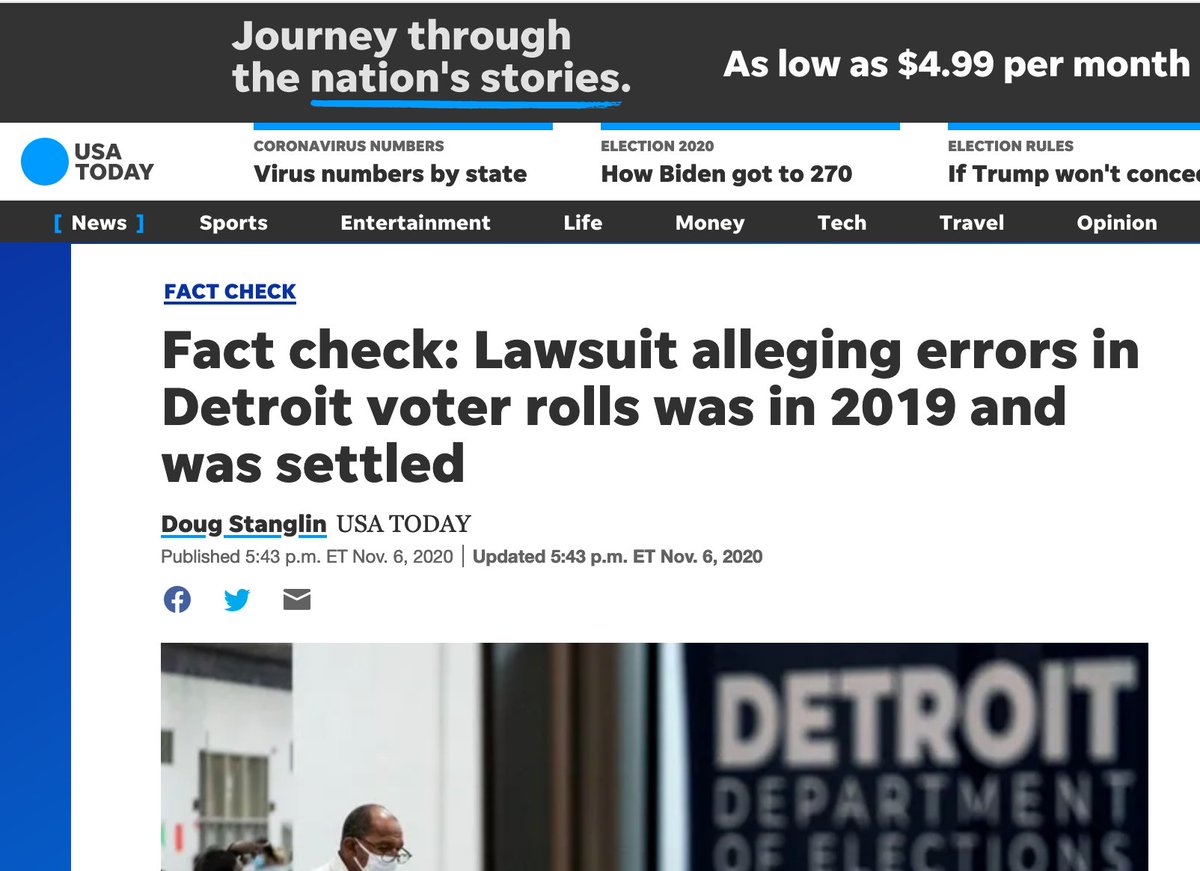 Let's start with keywords. Ask students what they'd choose--a good start might be "voter fraud" + Detroit. Here's what the results page (the "SERP") looks like when I did it. Scrolling through the results, I alight on a major news source, USA Today & click. 5/10