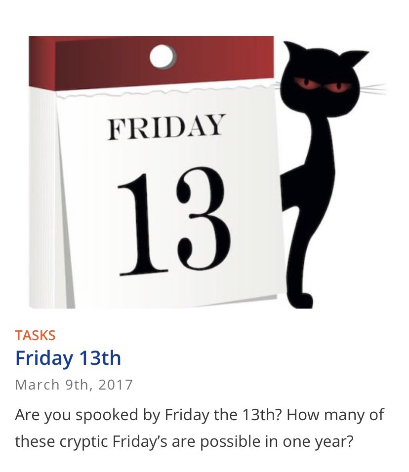 This Friday is the 13th. A perfect time for a task like this!! How many cryptic Friday’s are possible in a year? <a href="/CDSBEO_Curric/">CDSBEO Curriculum Team</a> @cdsbeo_VLES <a href="/MathchatONT/">Math Chat Ontario</a> #mathchat #mathed #wim <a href="/joboaler/">Jo Boaler</a> #growthmindset #perseverance #richtask