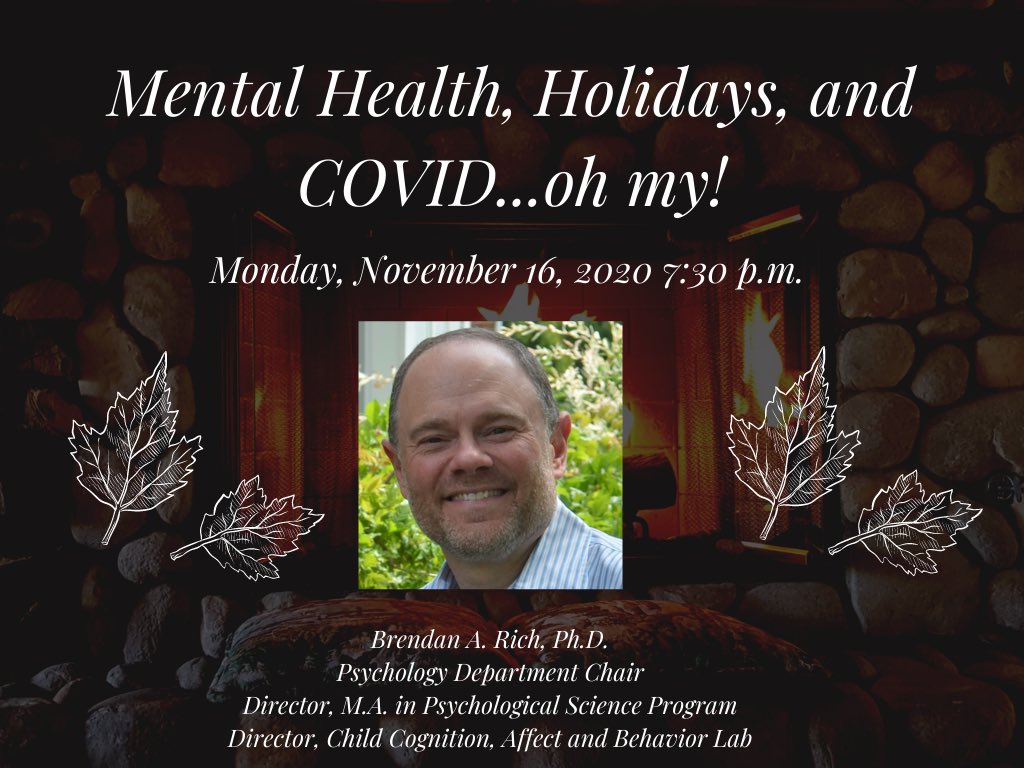 cuapsychclub's tweet photo. Mental health, holidays, and COVID…oh my! We are approaching the holiday season and we are still in the middle of a pandemic, causing many stressors such as family seperation, anxiety, and seclusion. We will be having a dialogue with our very own department chair, Dr. Rich. https://t.co/FFryKcbg8B