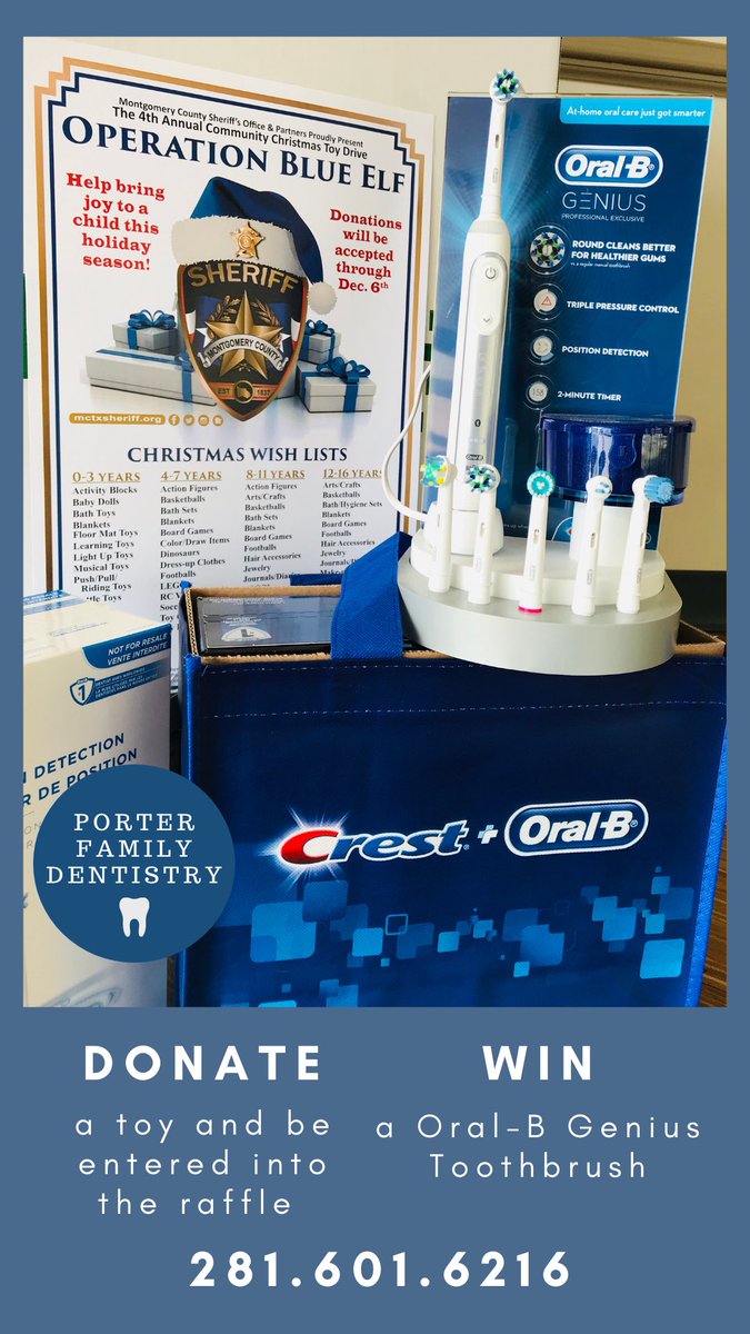Join Porter Family Dentistry’s RAFFLE by donating a toy to #OperationBlueElf2020. Not only do you have a chance of winning this really cool toothbrush BUT you get to put a smile on a child’s face this Christmas 😊 

<a href="/MoCoCrimeStop/">Multi-County Crime Stoppers</a> <a href="/MCTXSheriff/">MCTXSheriff</a> <a href="/RepKevinBrady/">Kevin Brady</a> @SheriffRandMCTX