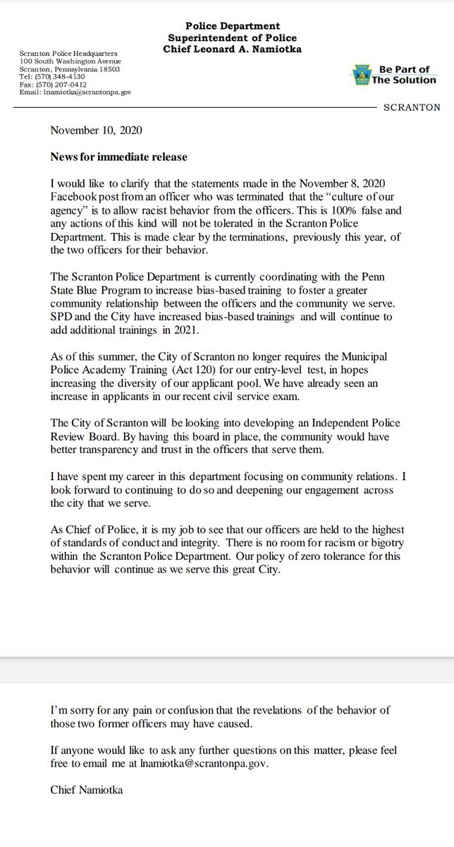 ScrantonPolice's tweet photo. A statement from Interim Chief Leonard Namiotka
#SPD
#Scranton
#ScrantonPolice
#ElectricCity
#Community
@FOX56WOLF
@WNEP
@wbrewyou
@timestribune https://t.co/ztxYJl1c4S