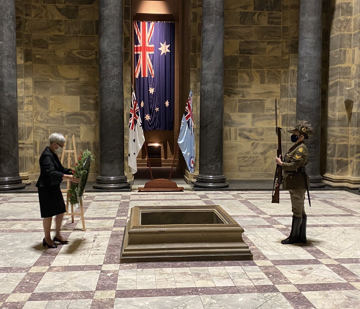 VicGovernor's tweet photo. On the 75th anniversary of the end of the Second World War, laying a wreath on behalf of all Victorians at the Shrine of Remembrance and pausing to remember the sacrifice of all those who have served. https://t.co/6K4AMhJvZC