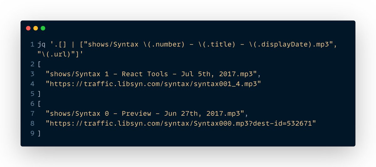 if we look at the core of what jq is doing, we're iterating over the json results with .[], then producing a templated string for the file name and grabbing the url out. without -r and sh we end up with an array of the results.