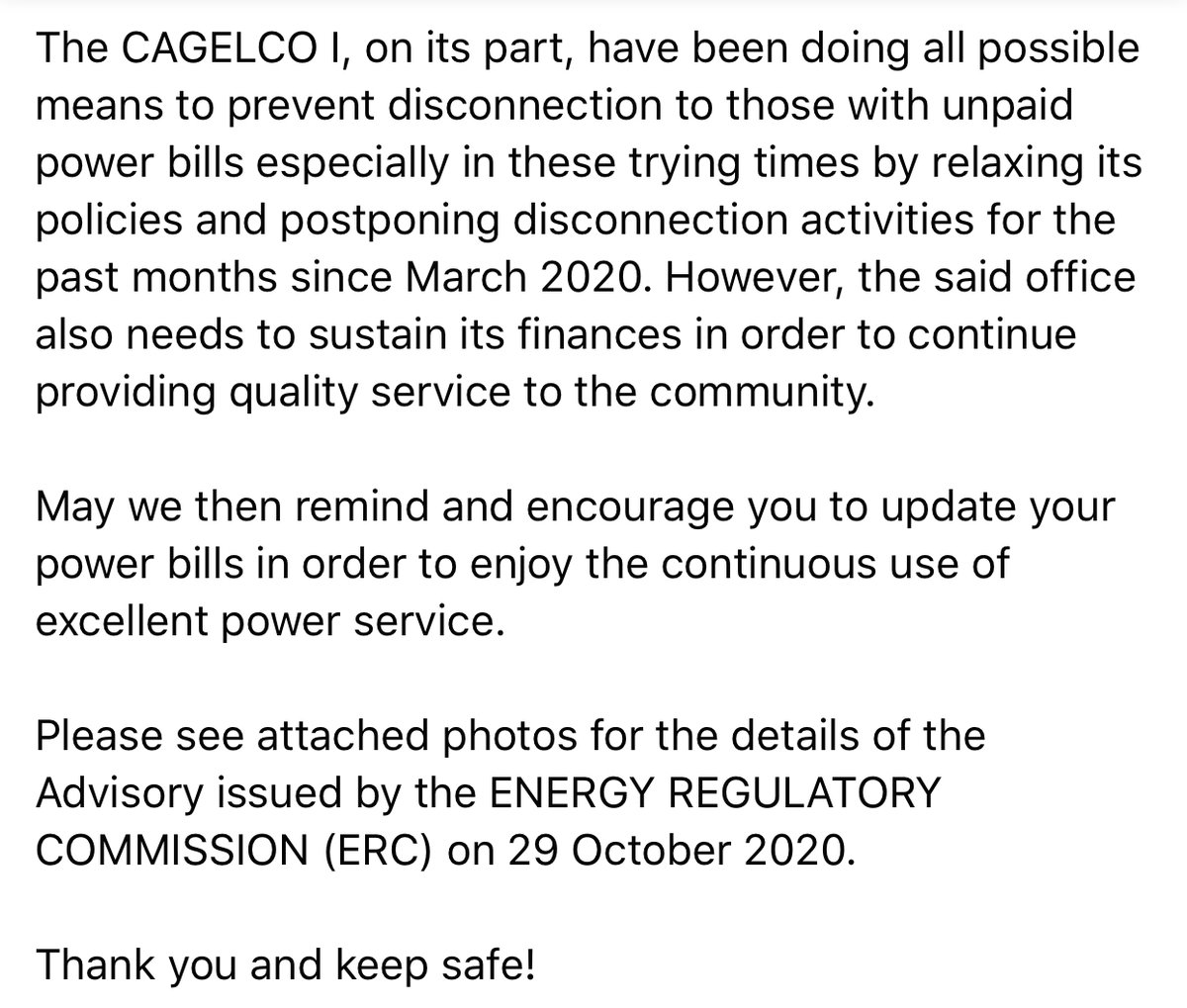 1Enrile's tweet photo. PUBLIC ADVISORY 
FROM THE OFFICE OF CAGELCO I
REITERATING THE DISCONNECTION ACTIVITIES THAT RESUMES THIS NOVEMBER 2020

*Please see attached photos for your info.* https://t.co/u7goiCPa9N