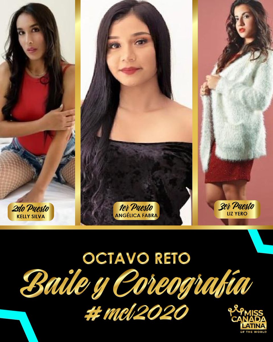 MissCanadala's tweet photo. Octavo reto: Baile y Coreografía 💃🏻🕺🏻

1 puesto: Angelica Fabra 👑
2 puesto: Kelly Silva 
3 puesto: Liz Yero https://t.co/YAEbXRvjx9