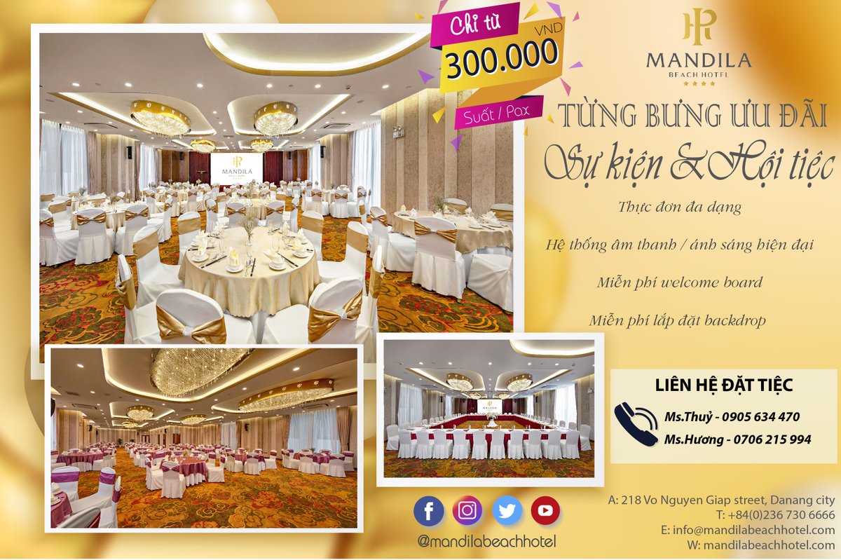 For more information about our meeting/banquet services, please access to: bit.ly/2VJ3nxI

#MandilaBeachHotel #Danang #Banquet #Party #Wedding #Ceremony #Meeting #Event #Beach #Vacation #Holiday #Vietnam #Celebration