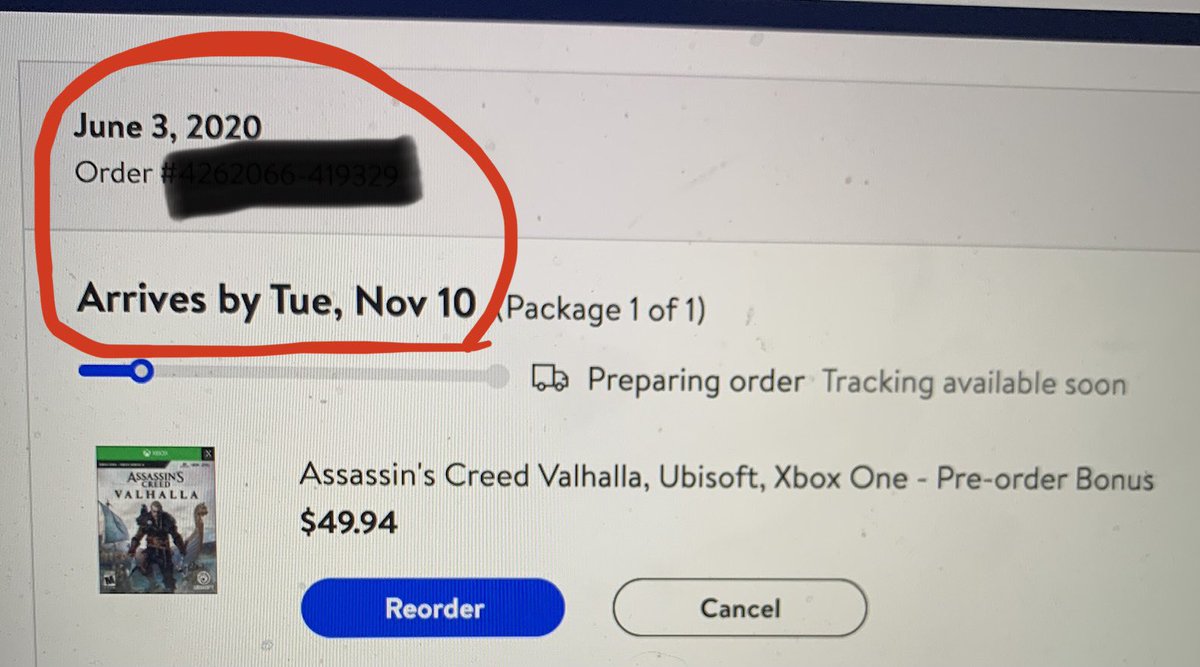 MikeNorby's tweet photo. @Walmart What’s the point of preordering if it’s not going to be delivered until a month and a half after the release date? #disappointed #Walmart #PreOrder #assassinscreedvalhalla https://t.co/iUrI3DLdjU