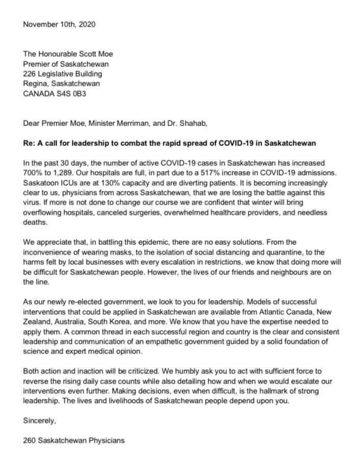 Letter sent to Premier Moe and the Provincial Government today. Signed by 260 Saskatchewan physicians. Made public a few moments ago by Dr. Hassan Masri. Here’s hoping our leadership takes this seriously. #skpoli