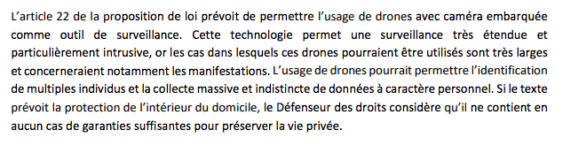 Sur ce point aussi, la  @Defenseurdroits, Claire Hédon, dénonce des garanties insuffisantes pour protéger la vie privée : "L’usage de drones pourrait permettre l’identification de multiples individus et la collecte massive et indistincte de données à caractère personnel."