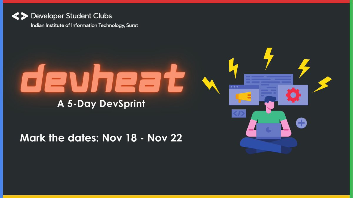 gdg_iiitsurat's tweet photo. Hello peeps,
DSC IIIT Surat is here again with DEV HEAT, a 5-day long DevSprint in which you along with your partner get to come up with an  problem, work on a viable solution and develop something out of the box. https://t.co/yZVTsfwSws