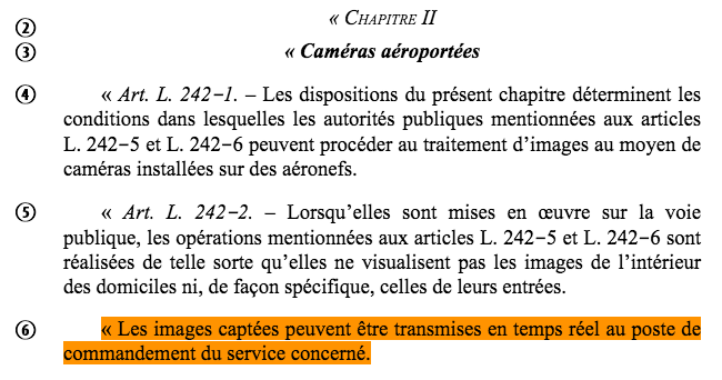 Bis repetita : à l'article 22, les rapporteurs du texte souhaitent que les images des "caméras aéroportées" puissent être transmises en temps réel "au poste de commandement du service concerné".