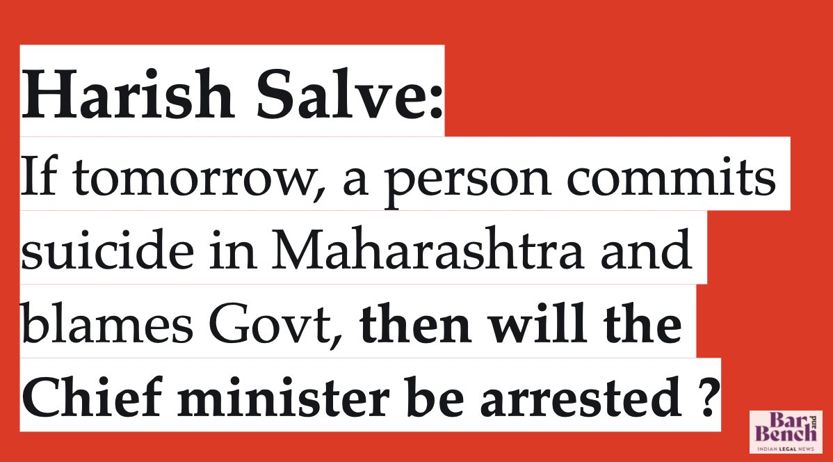 Salve: for abetment there must be direct and indirect act of the commission of the offence.If tomorrow, a person commits suicide in Maharashtra and blames Govt, then will the Chief minister be arrested ? #HarishSalve  #SupremeCourtofIndia  #ArnabGoswami