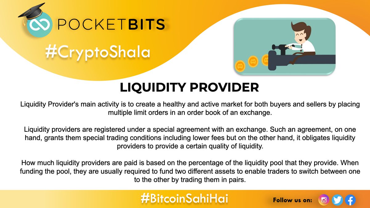 PocketBitsIndia's tweet photo. Learn the basics of Crypto with #CryptoShala brought to you by
"PocketBits" - one of India's oldest active Cryptocurrency Exchange
The topic for the day: "Liquidity Provider"
#Bitcoin #cryptocurrency
#pocketbits #BitcoinSahiHai
#liquidity https://t.co/nQ1Ou0Q6si