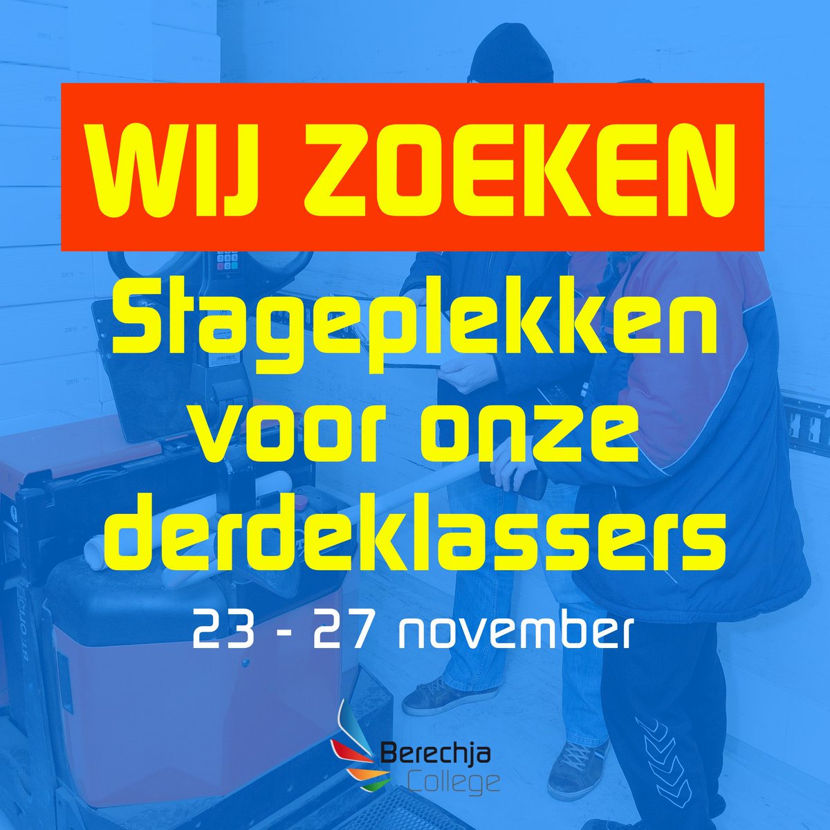 Door corona vallen veel stageplekken weg. 😟 Heeft u 23-27 november nog een plekje voor een derdeklasser? (15 jaar) Reageren kan door te bellen/mailen naar:

Mirjam Visser-Kramer, stagecoördinator Berechja College
m.visser-kramer@berechja.nl
06-50915086

Bedankt! 😃👍🏻