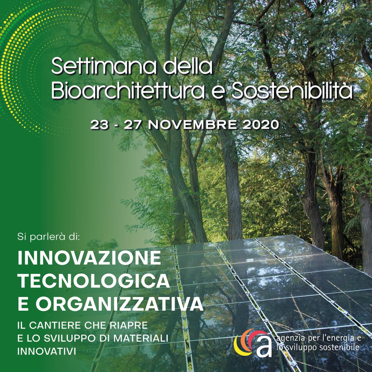 Giovedì 26 novembre dalle 9.30 alle 12 un webinar per parlare di materiali innovativi e di cosa saranno i cantieri post covid.
Per info e iscrizioni: 
settimanabioarchitettura.it/programma/