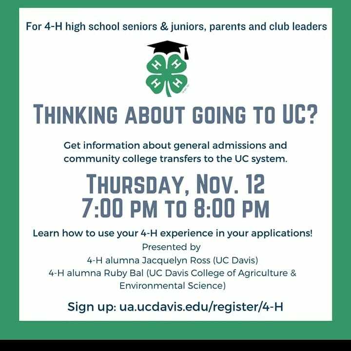 oaktown4h's tweet photo. Are you thinking about going to the University of California? Join 4-H alumnae Jacquelyn Ross (UC Davis) and Ruby Bal (UC Davis College of Agriculture &amp; Environmental Sciences) to learn about the application process, how to use your 4-H experiences, and more! This Thursday, … https://t.co/SBw57nEQ6W