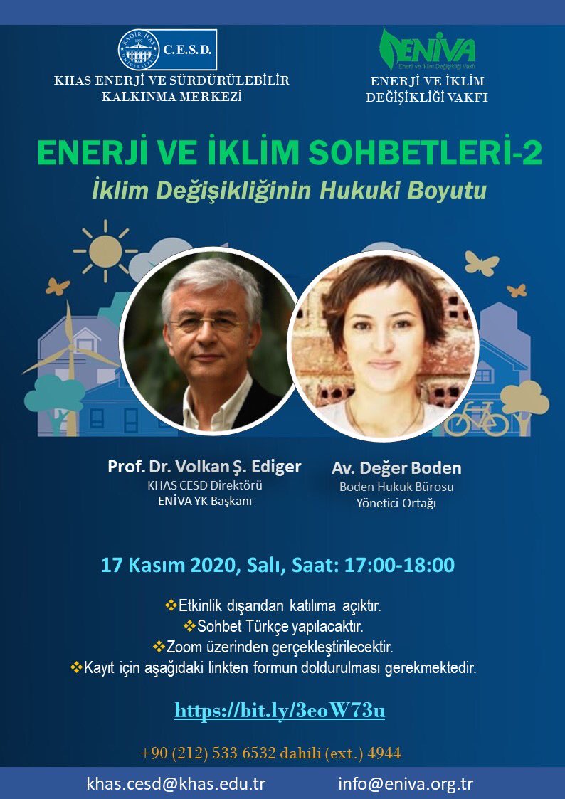 Enerji ve İklim Sohbetleri’nde ikinci konuğumuz Boden Hukuk Bürosu yönetici ortağı Av. Değer Boden oluyor. Etkinliğe katılımlarınızdan memnuniyet duyarız. 
🗓 17 Kasım, Salı, 17.00-18.00
Kayıt: bit.ly/3eoW73u 
<a href="/khasedutr/">Kadir Has Üniversitesi</a> <a href="/enivavakfi/">ENIVA</a>