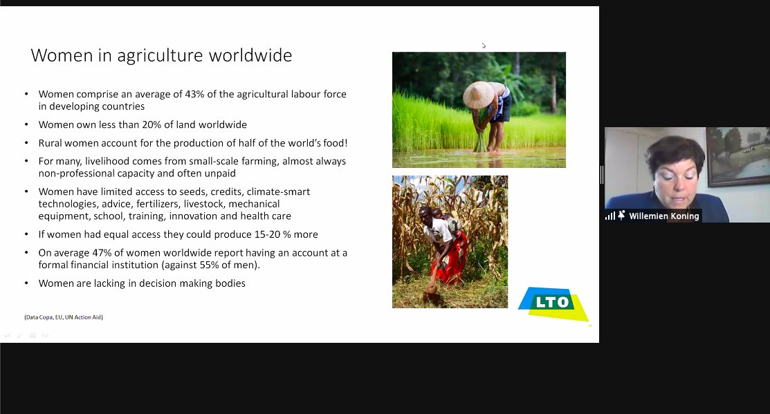 Koning: The future of agriculture, to be sustainable, must be gender equal. Women comprise about 43% of agricultural labor in developing countries but own less than 20% of land worldwide. If women had equal access to opportunities, food supply will increase by 15-20%