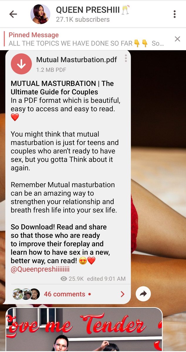 • Then after leave your Toolz in there and start kissing her romantically and tell her how sweet and magnificent her pussy was To be contd...So, Join my sex education channel ( https://t.me/joinchat/AAAAAFYNi5mvXg3C_fwmEQ ) or ( https://t.me/joinchat/AAAAAFhLX41BtfT1L5_rtw ) and learn more about SEX