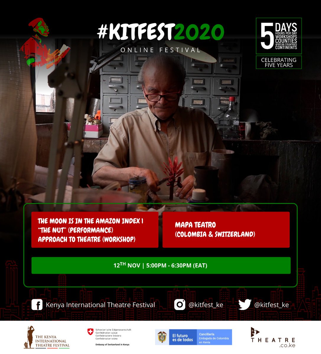 KahuroKimani's tweet photo. #KITFEST2020 #KITFESTat5 online festival brings to you "The Moon is in the Amazon part 1 “The nut” by Mapa Teatro (Colombia &amp; Switzerland) on 12th November at 5:00pm EAT. Follow the link below to register: https://t.co/zXmpglylZQ. 
@SwissEmbassyKE @kitfest_ke @theatre_co_ke https://t.co/A1XmBKi4Cc