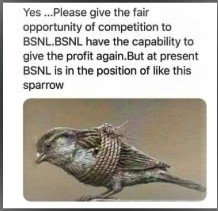 gsabhimanyu's tweet photo. BSNL can fly high. It can fly higher than any private company. But, BSNL’s wings are tied by the government. The government is not allowing BSNL to start it’s 4G service. In this scenario, how BSNL can compete with private operators?  How BSNL can come out of the loss making? https://t.co/7mtabUYwnE