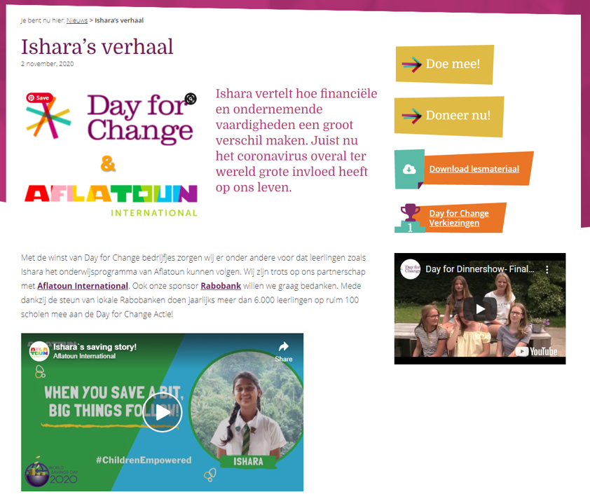 Nice item on collaboration <a href="/dayforchange/">Day for Change</a> &amp; <a href="/Aflatoun/">Aflatoun International</a> - Empowering adolescents with Financial Skills

#SDG4 #LifeSkills #financialeducation 

dayforchange.nl/isharasverhaal/