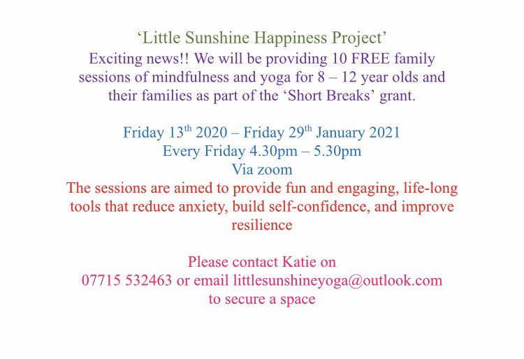 liverpoolshine's tweet photo. Excited to announce we are providing 10 free mindfulness/yoga sessions for families with disabilities every Friday via zoom as part of the ‘short breaks’ grant. Also a 4 week mindfulness course for parents every Tuesday 7pm @carers_voice @KnowsleyCouncil @CAHKnowsley @jillyalb https://t.co/B0zR3OMpq5