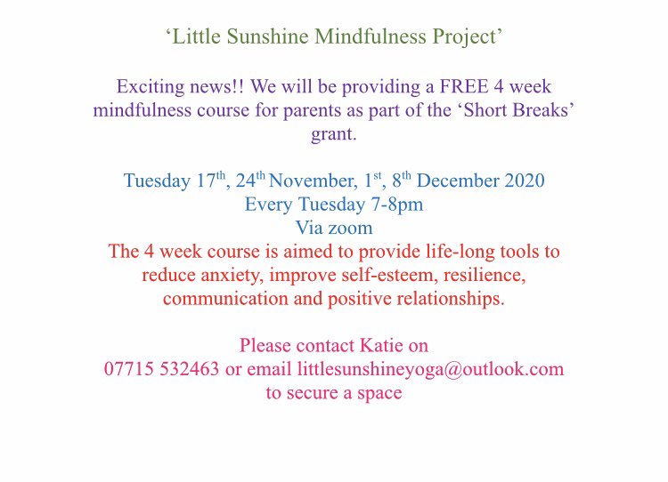 liverpoolshine's tweet photo. Excited to announce we are providing 10 free mindfulness/yoga sessions for families with disabilities every Friday via zoom as part of the ‘short breaks’ grant. Also a 4 week mindfulness course for parents every Tuesday 7pm @carers_voice @KnowsleyCouncil @CAHKnowsley @jillyalb https://t.co/B0zR3OMpq5