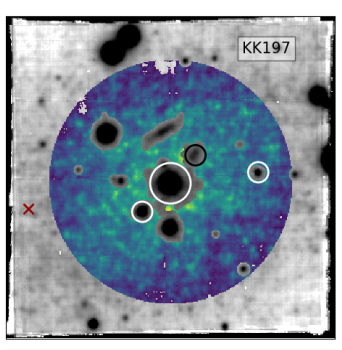 This PN is found around KK197 (red cross). Because we have several stellar clusters (the circles) we could do a dynamical analysis. The PN is 50km/s apart from the mean of the group, is is probably an interloper from the outer halo of Cen A.