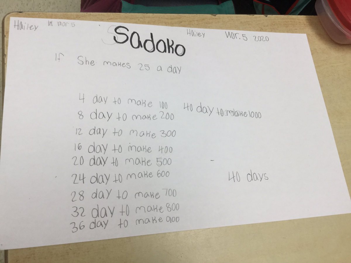 waltonsclass's tweet photo. Problem solving math integrated from a language text Sadako, #ssthink about strategies to share how we all think differently, @WestwoodUGDSB @ugdsb https://t.co/VgfRwHyAHa
