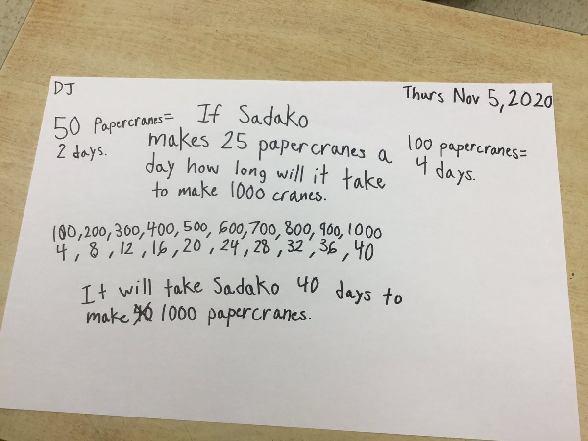 waltonsclass's tweet photo. Problem solving math integrated from a language text Sadako, #ssthink about strategies to share how we all think differently, @WestwoodUGDSB @ugdsb https://t.co/VgfRwHyAHa