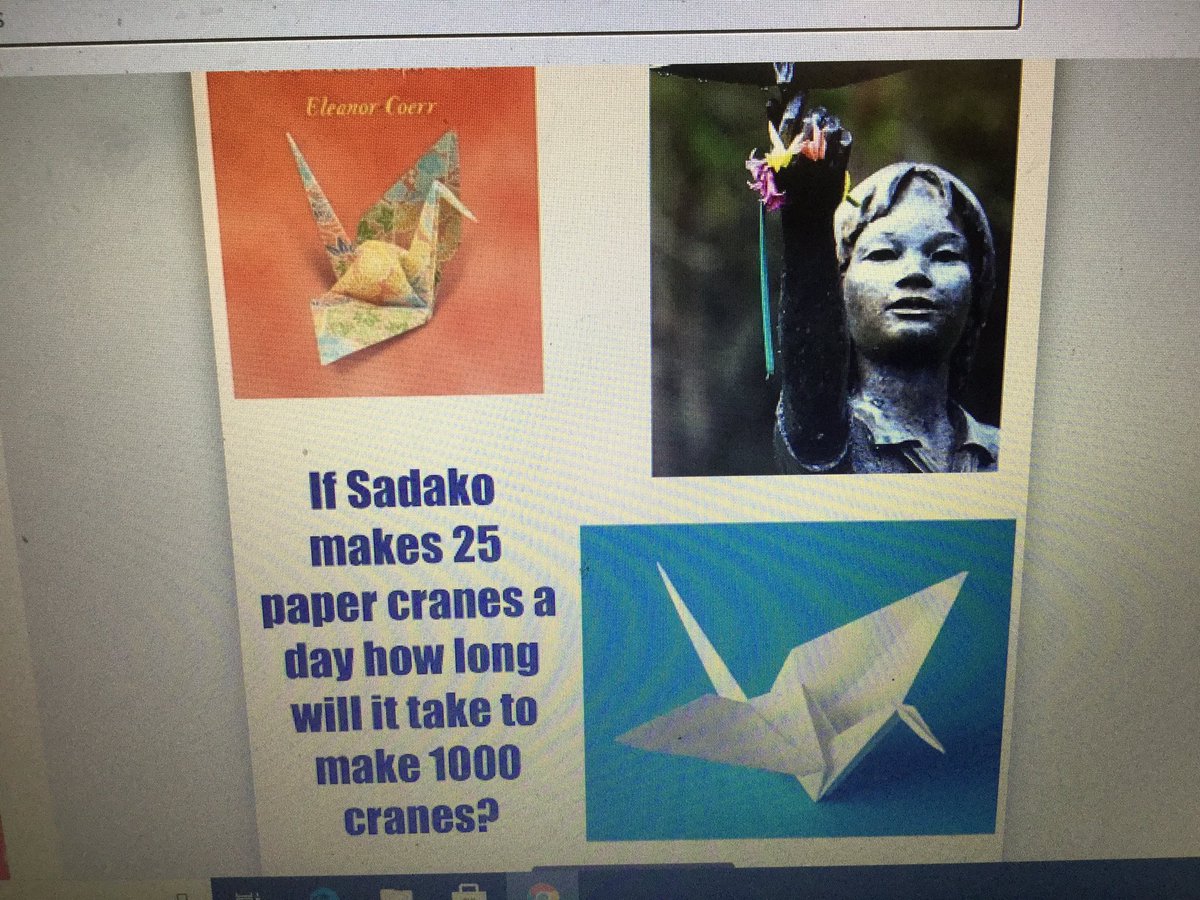waltonsclass's tweet photo. Problem solving math question integrated from a language text Sadako, #ssthink about efficient strategies to share how we all think differently, @WestwoodUGDSB @ugdsb @SuccessUgdsb https://t.co/PNpcop8cfb