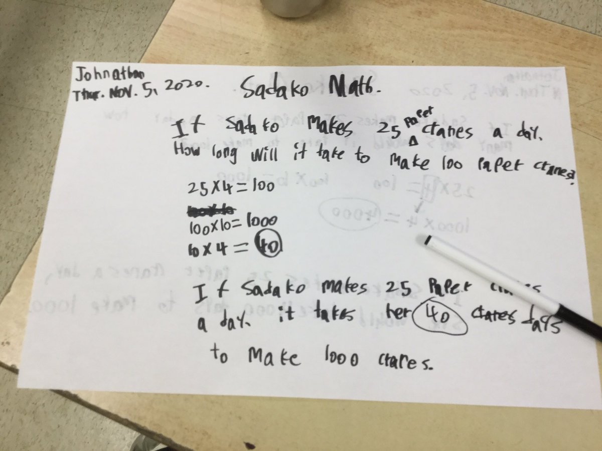 waltonsclass's tweet photo. Problem solving math question integrated from a language text Sadako, #ssthink about efficient strategies to share how we all think differently, @WestwoodUGDSB @ugdsb @SuccessUgdsb https://t.co/PNpcop8cfb