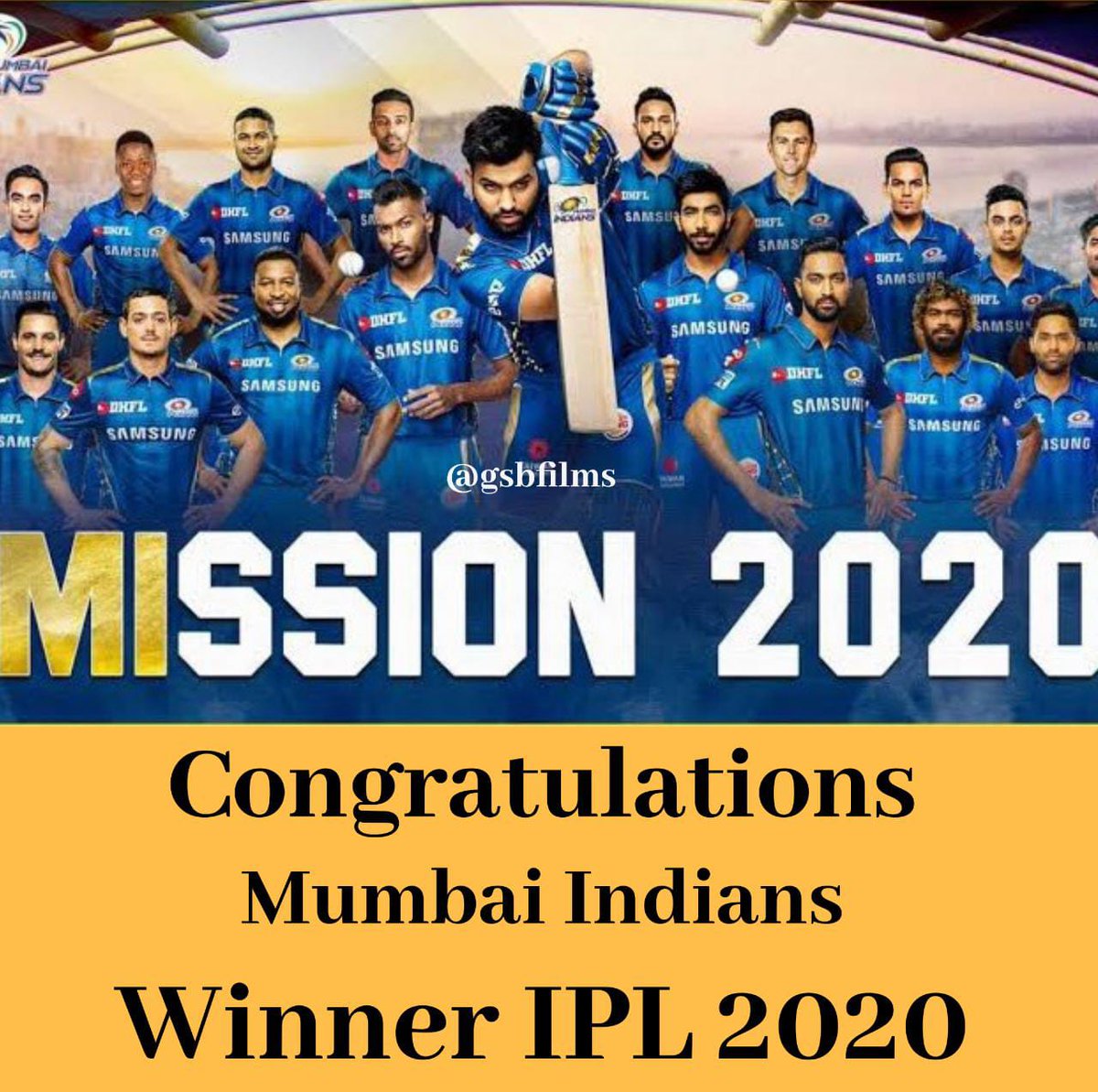 gsbfilms_'s tweet photo. Congratulations Mumbai Indians!
Winner IPL 2020
@ImRo45 

#MumbaiIndiansTNFC2O #ipl2020 #RohitSharma #gsbfilms https://t.co/mxlpodliJF