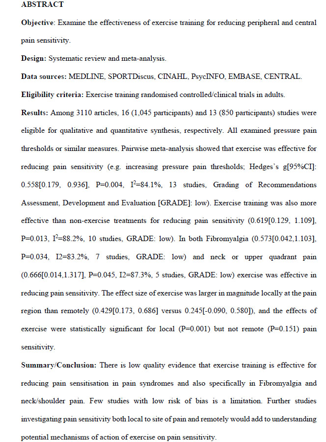 belavyprof's tweet image. 🙏 Jessica, Matt, Evy, Niamh, Clint, Pat.
Our paper: 
Pain sensitivity is reduced by #exercise training: #SystematicReview &amp;amp; #MetaAnalysis

#Accepted in #Neuroscience &amp;amp; Biobehavioral Reviews

Personal note: nice to have 111th pub accepted on 11th of the 11th! 11=fav number

👇👇