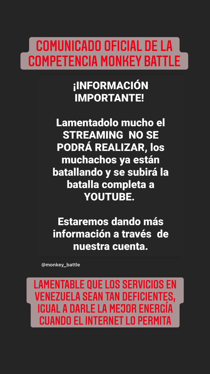 elcaviwhat's tweet photo. Comunicado oficial de la organización de la Monkey Battle, la situación de Venezuela ya llegado a puntos tan extremos que los pocos eventos que se hacen con los uñas son perjudicados por los pésimos servicios. #MonkeyBattle https://t.co/Novzf0xK6u