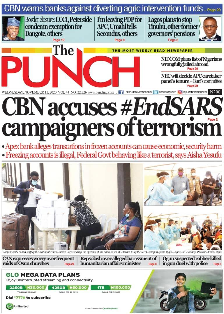 MobilePunch's tweet image. NOVEMBER 11 - HEADLINES