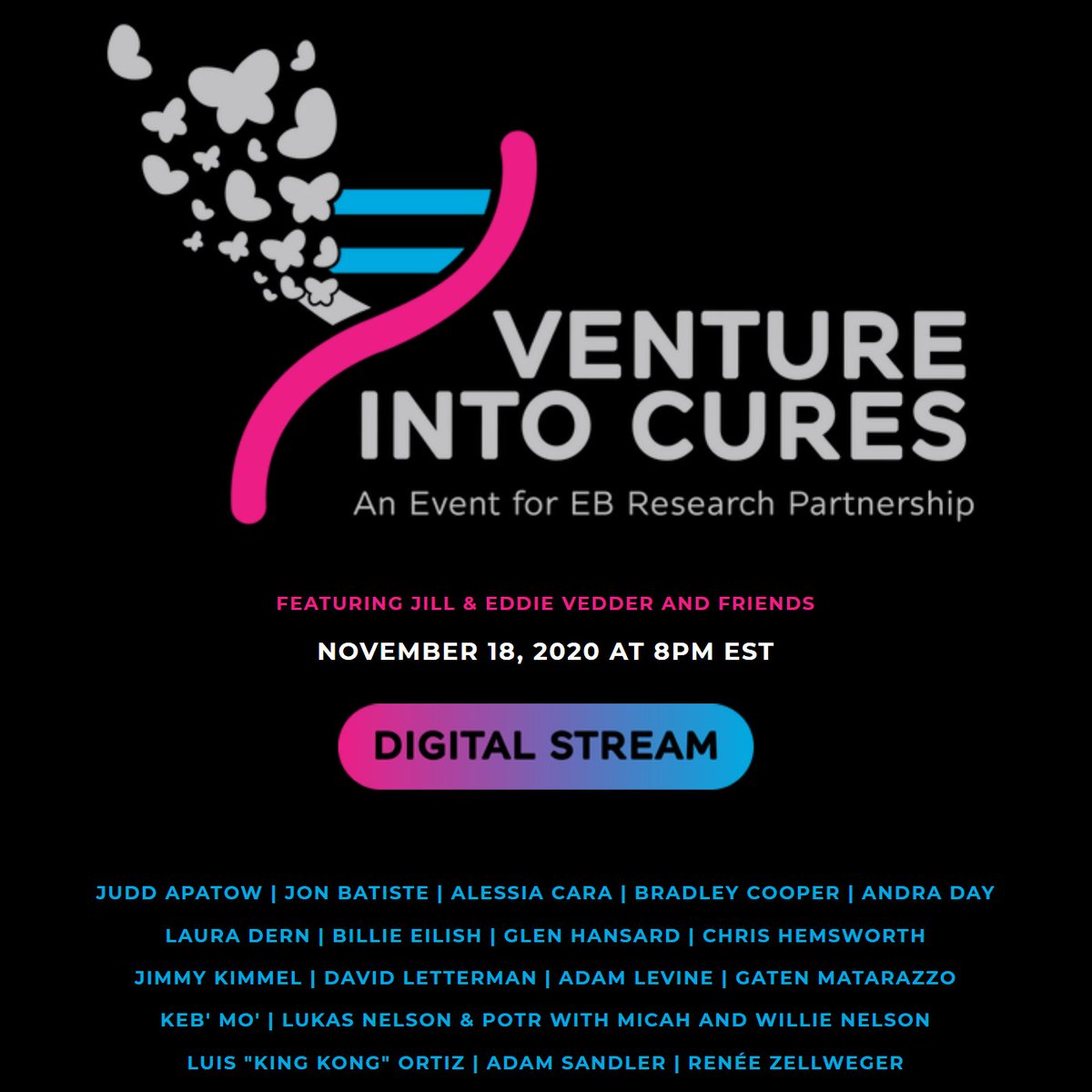 BiIlieEilishARG's tweet image. Billie el miercoles 18 a las 22hs (ARG) hará una aparición en el evento "Venture Into Cures" organizato por Eddie y Jill Vedder. El evento es para apoyar a @EBResearch que tiene de mision encontrar la cura para la Epidermólisis Bullosa.

Link para verlo: ventureintocures.org