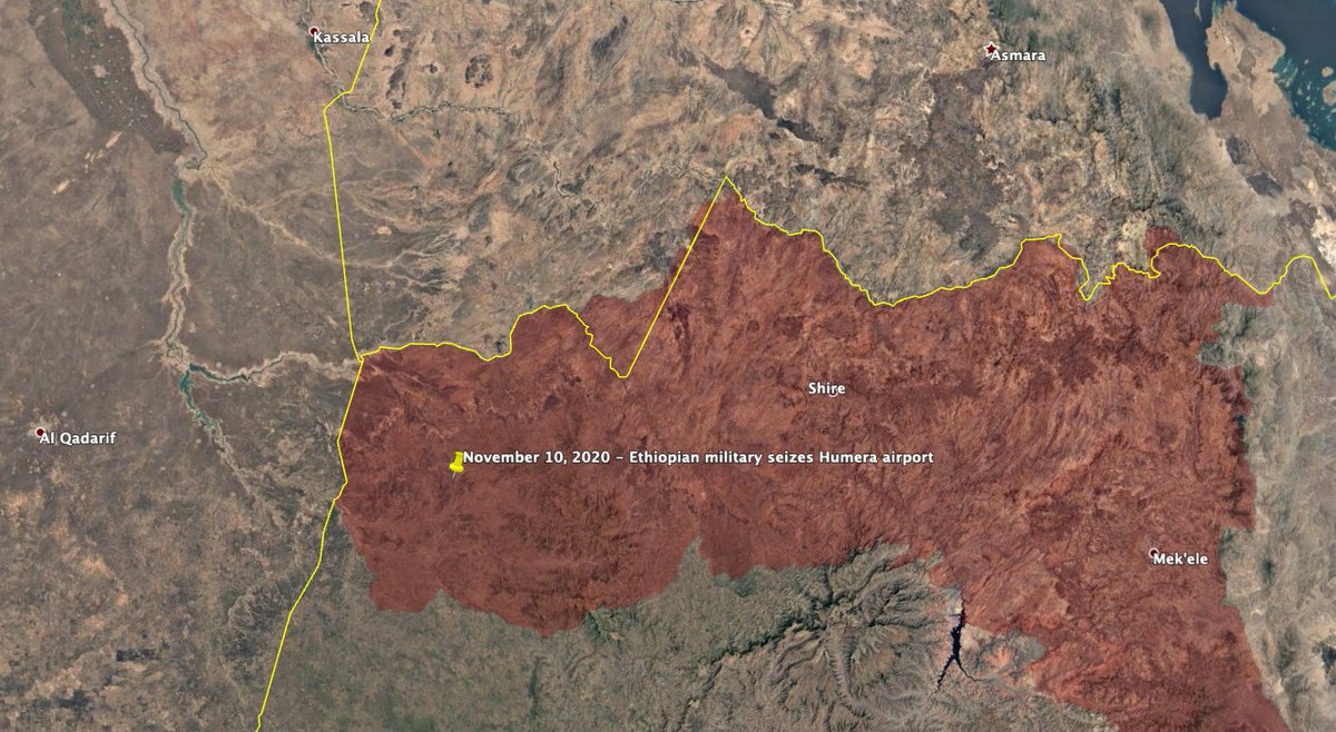 Ethiopian National Defense Force takes control of the Humera airport, ~55km southeast of Humera town. Seems likely they're trying to secure the border with Sudan, which would be the TPLF's only land route to the outside world 