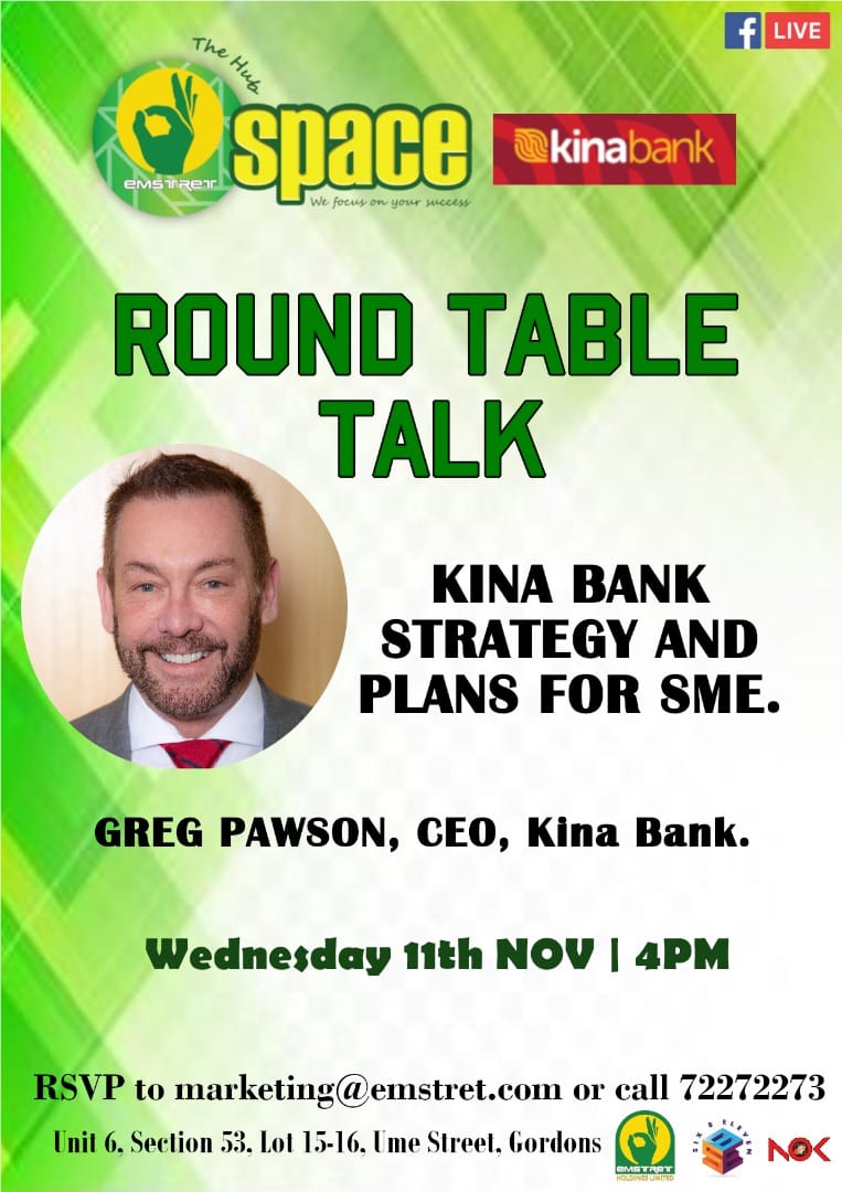 Tune into E-space's FB live streamed "Round Table Talk" discussion 4pm today, with Kina Bank's CEO Greg Pawson to discuss Kina Bank's strategy and plans for SMEs. #digitalbanking #kinabank #TogetherItsPossible