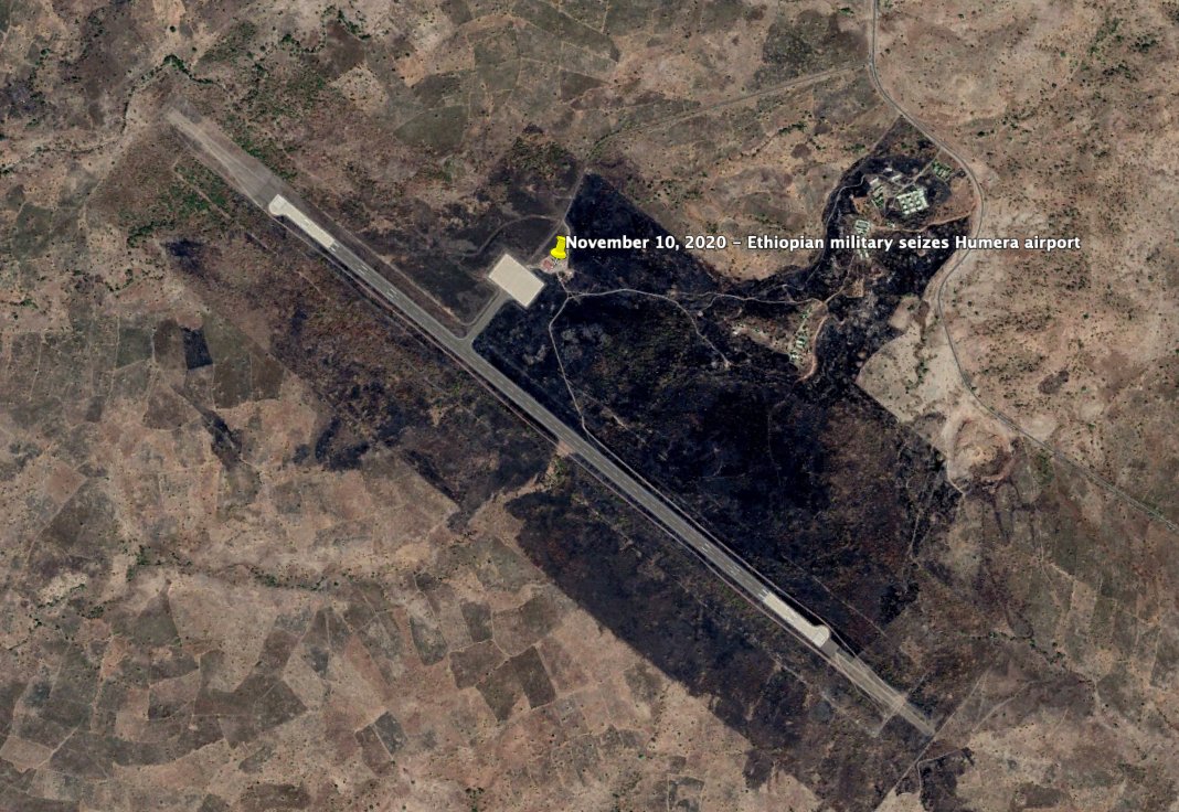 Ethiopian National Defense Force takes control of the Humera airport, ~55km southeast of Humera town. Seems likely they're trying to secure the border with Sudan, which would be the TPLF's only land route to the outside world 