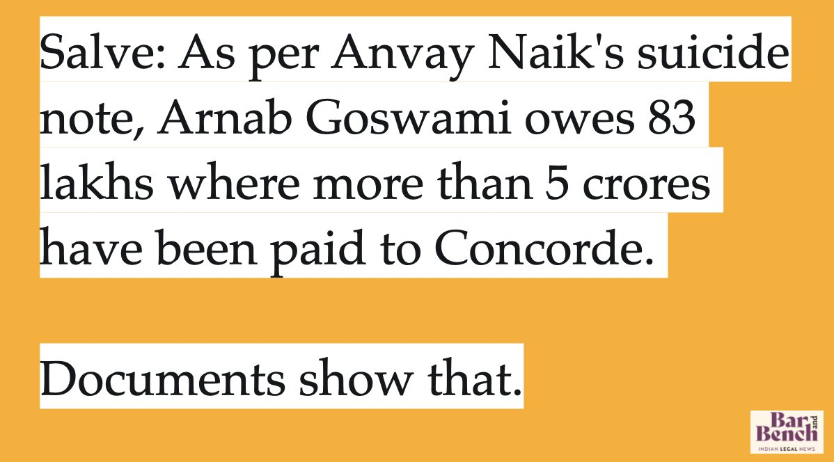 Salve: As per Anvay Naik's suicide note, Arnab Goswami owes 83 lakhs where more than 5 crores have been paid to Concorde. Documents show that. #ArnabGoswami  #SupremeCourt
