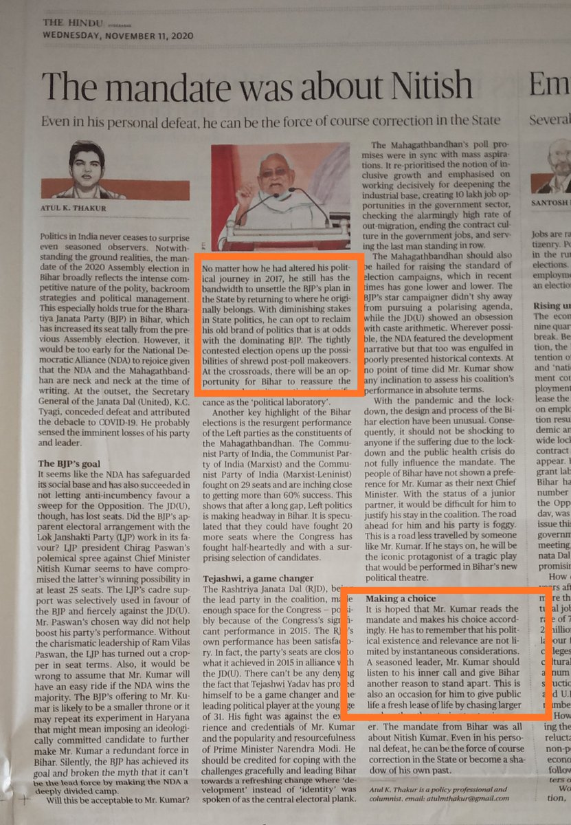The thread ends with an article published today. It was written BEFORE all results were in. But was published AFTER all results were in.Highlighted portions say that Nitish should make "shrewd post poll makeover" & break alliance with BJP. The desperation knows no bounds.
