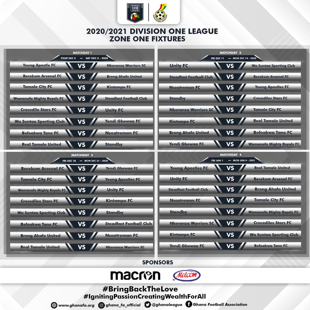 AHKUNITED's tweet photo. Division One League Fixtures 2020/21
ZONE ONE (Day 1-30)👌🏾
#HAKUMATATA
#NOPROBLEM
#GHDOL
#BringBackTheLove https://t.co/t5Dhu5ubrA