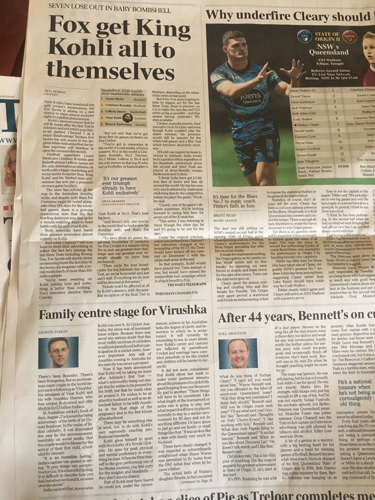 beastieboy07's tweet photo. Well if you didn’t already know how much @imVkohli’s presence over the summer means to cricket in Australia this is just a glimpse of it, dominating the sports pages around the country even before he’s landed here #AUSvIND https://t.co/4Js6uAs3SB