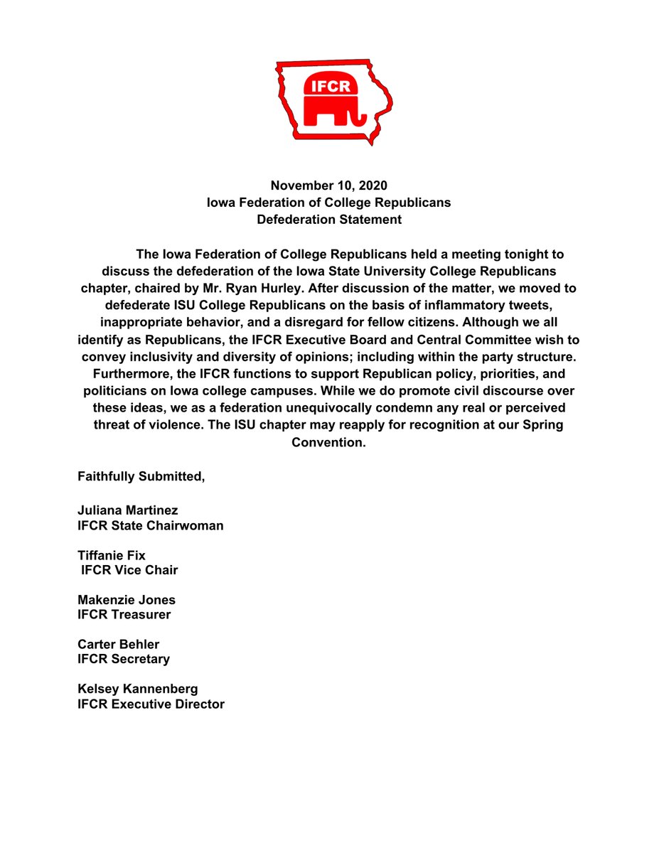 UIowaCRs's tweet photo. The University of Iowa College Republicans stand behind the statement made by the IFCR: https://t.co/wRYKqzmFfN