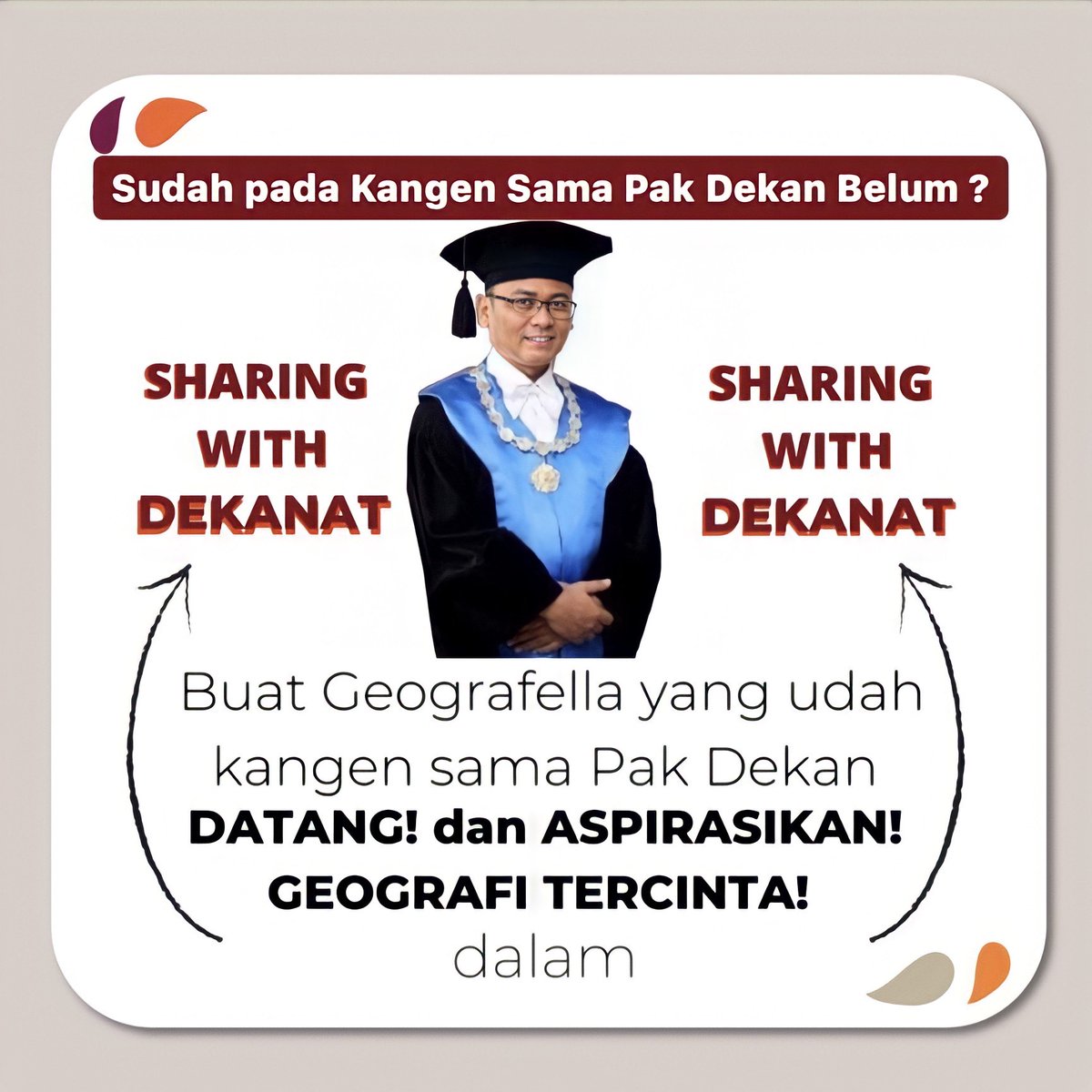 bemfge_ugm's tweet photo. Hallo Geografella 🖐️
Ada yang spesial nih 😊
Yuppsss!!! Sharing With Dekanat 2020 akan datang dan menampung seluruh aspirasi kalian terkait dengan kebijakan yang ada di kampus 😁
Pantengin dan stay tune terus ya Geografella Muda 😉
#comingreallysoon
#SharingWithDekanat2020 https://t.co/RAeiNoxR2c