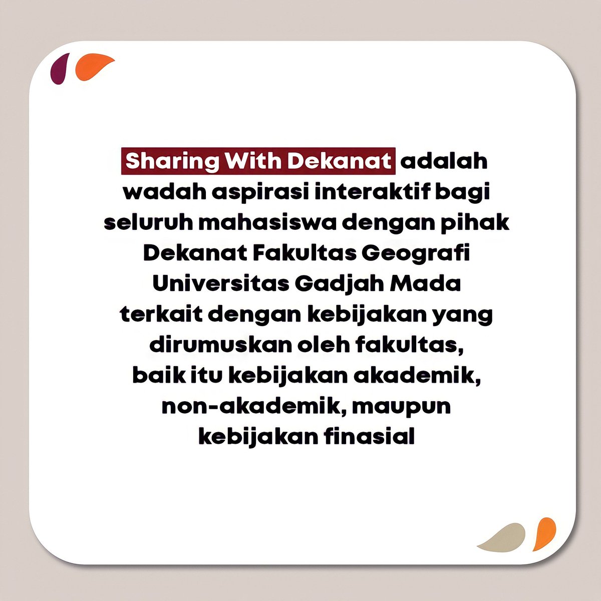 bemfge_ugm's tweet photo. Hallo Geografella 🖐️
Ada yang spesial nih 😊
Yuppsss!!! Sharing With Dekanat 2020 akan datang dan menampung seluruh aspirasi kalian terkait dengan kebijakan yang ada di kampus 😁
Pantengin dan stay tune terus ya Geografella Muda 😉
#comingreallysoon
#SharingWithDekanat2020 https://t.co/RAeiNoxR2c