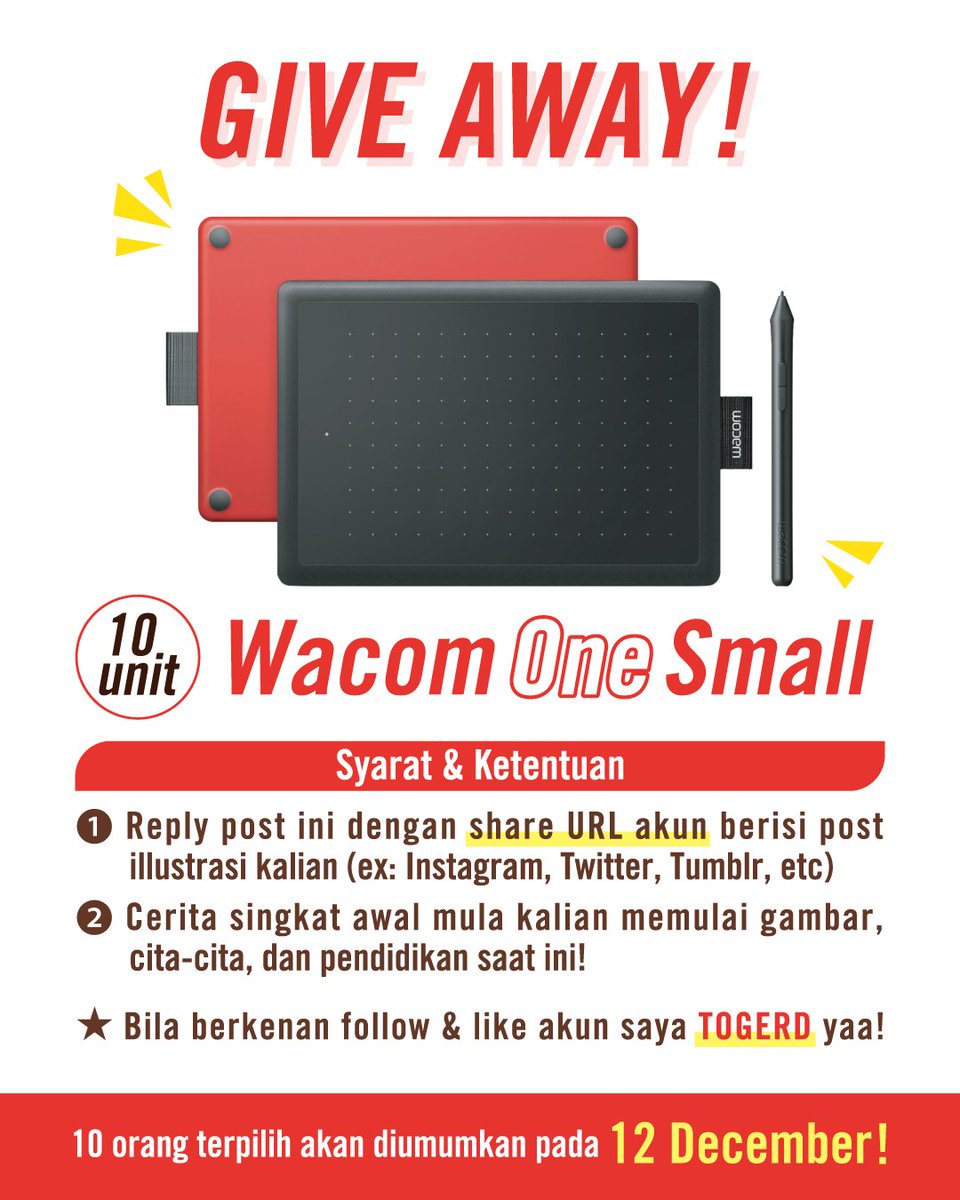 TOGERD's tweet image. Hallooo, gue mau give away 10 unit pentablet Wacom One Small (area Indonesia) untuk yang tengah menekuni gambar! Silahkan baca syarat &amp;amp; ketentuan berikut ini. Batas waktu sebelum 12 Desember! Mohon bantuan retweet agar banyak yang lihat. Thank you! 🙏🏻✒️